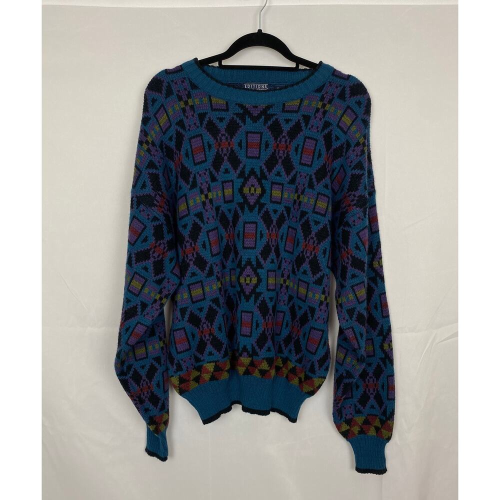Editions by Van Heusen Geometric Jacquard Knit Sweater, Retro 90s Style, Size XL